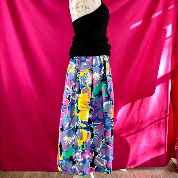 Vintage 80s 90s Floral Pleated Midi Long Skirt Lavender Pink Teal Cotton Size 14 - Picture 7 of 17